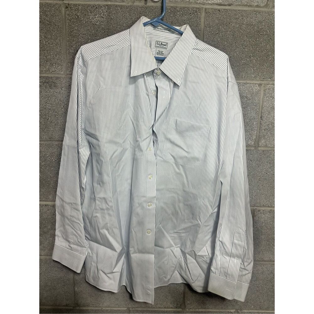 LL Bean Mens Blue White Stripe Long Sleeve Wrinkle Resistant Shirt 17.5 - 35